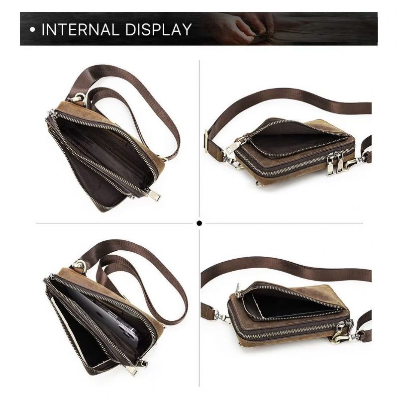 Skuldertasker Til Mænd Elegant Crazy Horse Vintage Crossbody-taske I Læder - Rød Brun